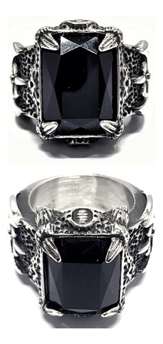 Anillo Tallado Medieval Con Piedra Negra En Acero Inox 316. Plateado 20mm