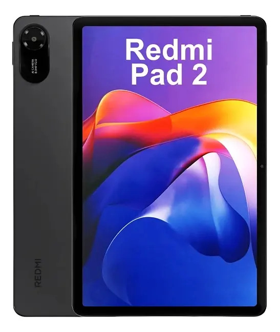 Tablet Xiaomi Redmi Pad 2 na cor cinza grafite, exibindo a parte traseira com câmera e a tela frontal com papel de parede colorido e o nome do modelo