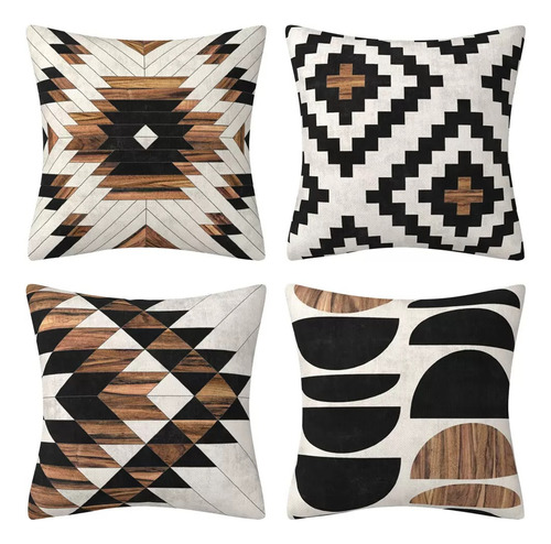 4 Juegos De Fundas Cojín, Estampado Geométrico Grano Madera
