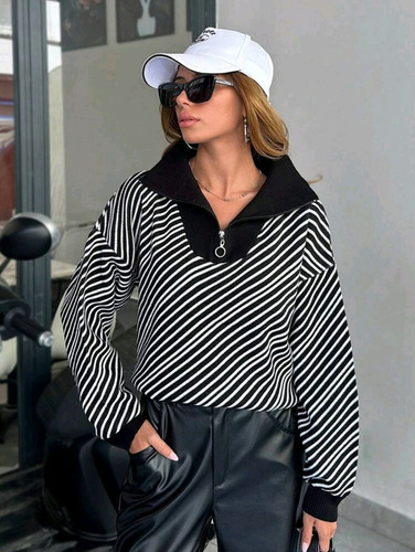 Sweater Abrigo Rayado Importado Con Cuello Tejido Cierre