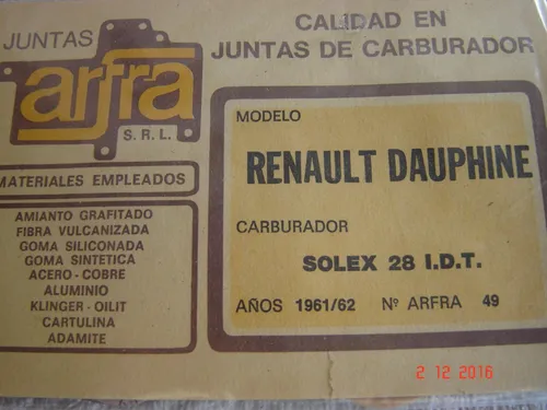 Junta Carburador Solex 28 Idt Dauphine 61-62 49