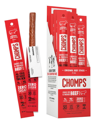 Chomps Grass Fed Original Beef Jerky Snack Sticks, Keto, Pal