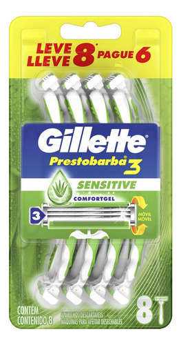 Aparelho De Barbear Prestobarba 3 Gillette Sensitive 8 Unid
