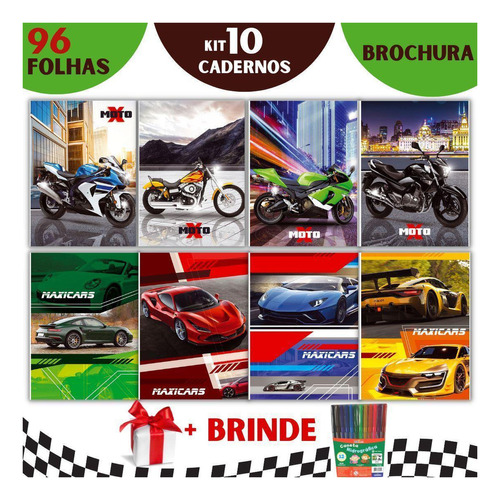 Kit 10 Cadernos Brochura 96fls Menino Capa Dura Carros Motos