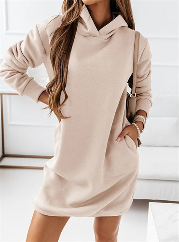 Vestido De Mujer De Color Liso De Manga Larga Con Capucha De