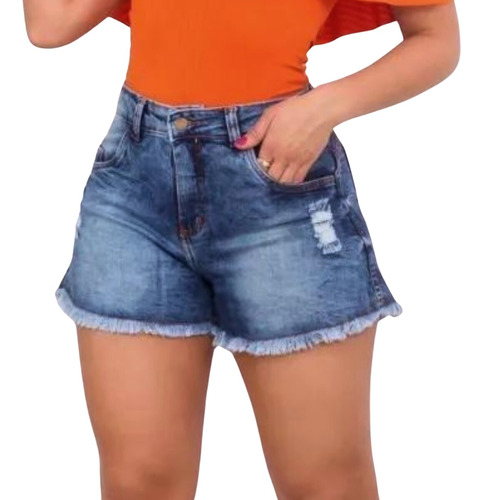 Shorts Feminino Godê Evasê Em Jeans Com Elastano E Desfiado