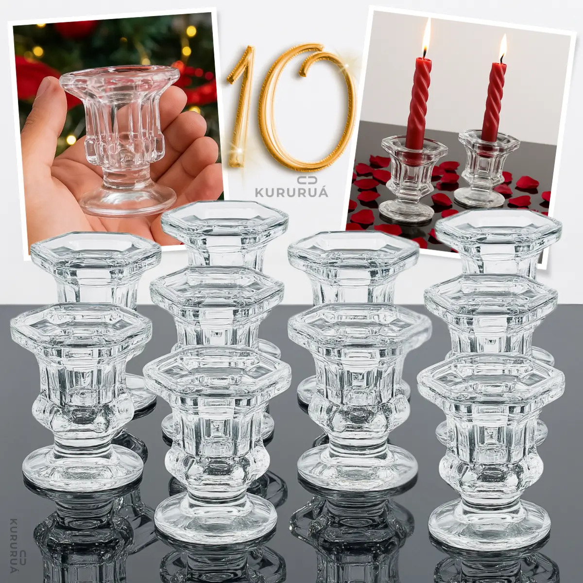 Kit 10 Castiçal Porta Vela De Vidro Decoração Alto Brilho Mesa Suporte Enfeite Marca Kururuá