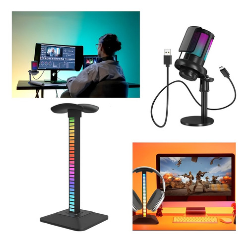 Kit Microfone De Mesa E Suporte Led Rgb P/ Headset Gamer Cor Preto