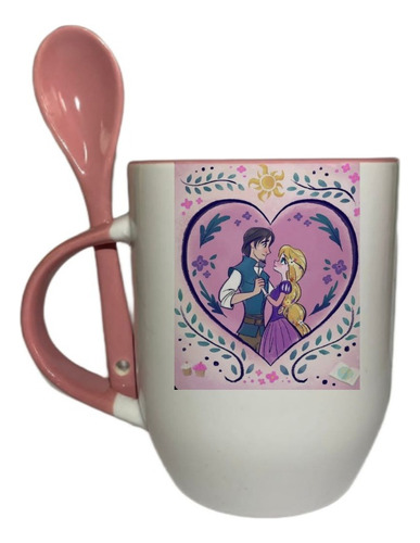 Taza De Rapunzel Y Flynn Rider Con Cuchara Personalizada