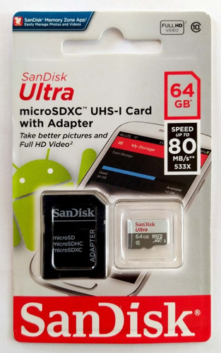 Sandisk Ultra 64gb Micro Sd + Sd Adp Cl10 - 80mb/s Original