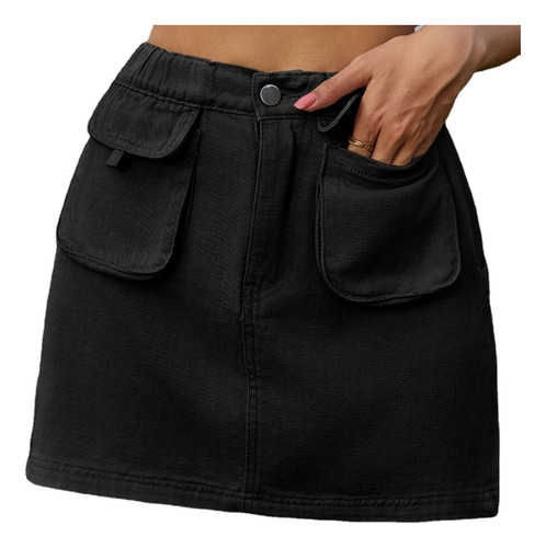 Minifalda De Mezclilla De Cintura Alta Con Bolsillos Para Mu