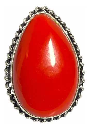 comprar Anillo Plata India Coral Rojo Natural Cabujon Lágrima N14