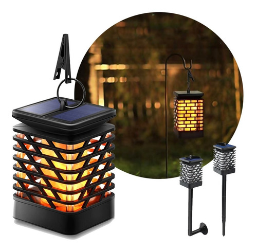 Lampara Farol Solar Exterior Led Fuego Jardin Aplique Pared Color Negro