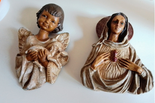 Dos Figuras Religiosas Yeso Ángel Y Virgen Para Colgar 