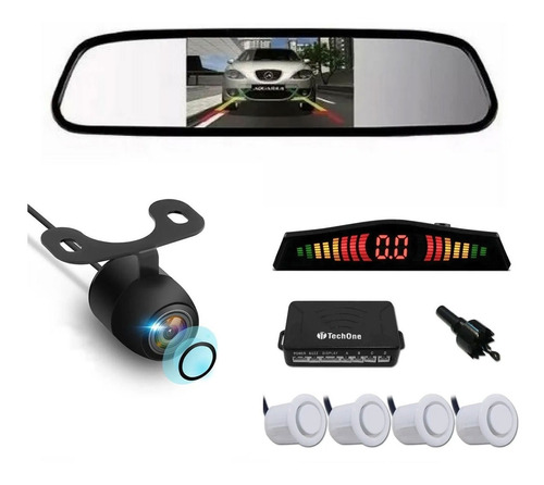 Kit  Estaciona Retrovisor + Câmera Ré + Sensor Branco Perola