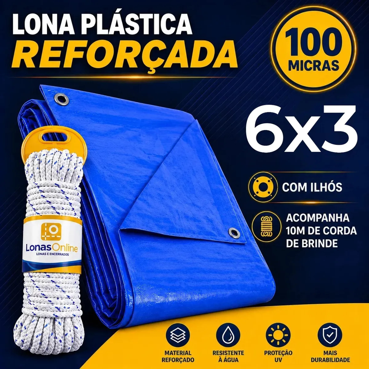 Lona Plástica Azul 6x3 Com Corda Impermeável Reforçada