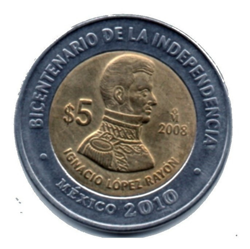 Imagen 1 de 6 de Moneda Cinco Conmemorativa Ignacio Lopez Rayon 2008 Int