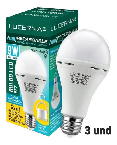 Bombillo Led 9w Lucerna Recargable 6000k  E27 3 Unidades