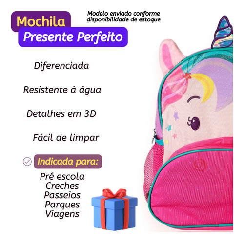 Mochila Criança Menina Costa Cor Rosa Desenho Unicórnio 3d