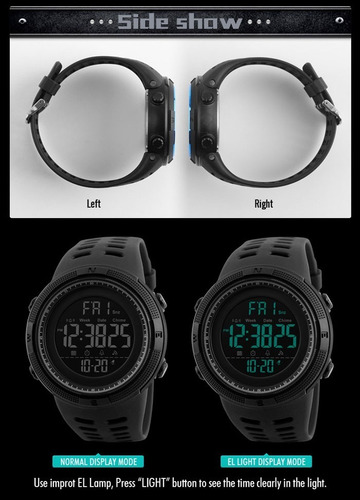Reloj pulsera Skmei 1251 de cuerpo color negro, digital, para hombre, fondo negro, con correa de poliuretano color negro, dial gris, minutero/segundero blanco y negro, bisel color negro, luz verde y hebilla doble