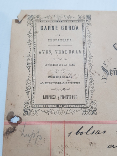 Imagen 3 de 4 de Antigua Factura Carnicería Marítima Rara 1897 Mag 58557