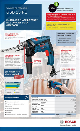 Imagen 2 de 6 de Taladro Percutor Bosch Gsb 13 Re - 600w - 13mm