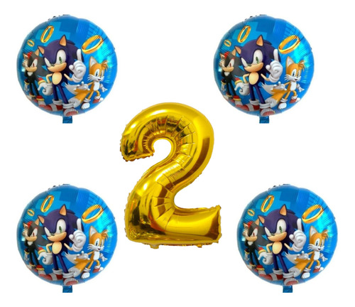 Combo Deco 5 Globos Sonic  Metalizado Redondo + Numero 