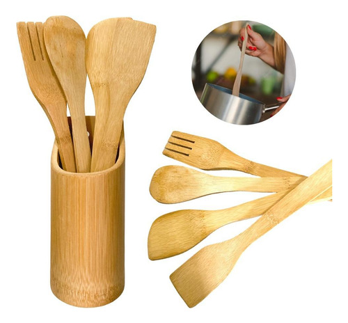 Kit Cozinha 5 Peças Bambu Utensílios Garfo Colher Espátula