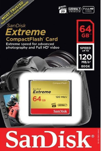 Tarjeta de memoria Compact Flash Sandisk Cf Extreme de 64 GB y 120 MB/s