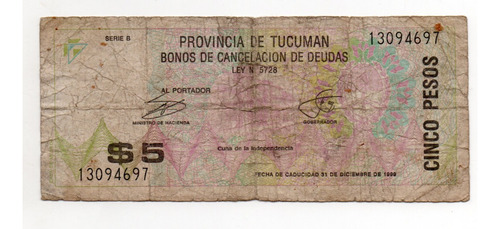 Bono De Emergencia Tucuman 5 Pesos Año 1996 Ec#438