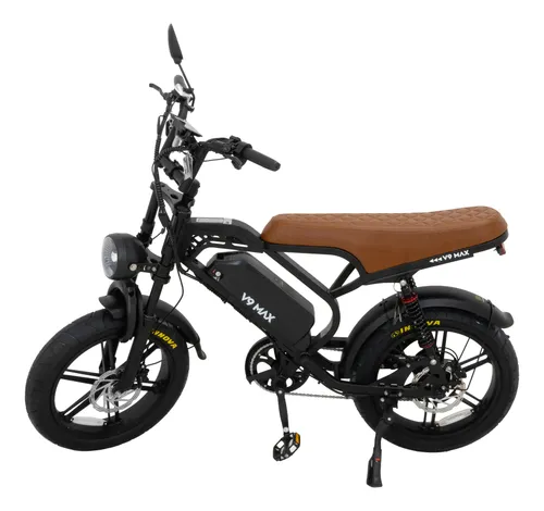 Bicicleta elétrica V9 Max na cor preta com banco de couro marrom vista de perfil