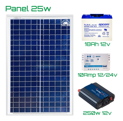 Kit Solar 25w, Inversor 250w, Batería 18ah, Controlador 10a