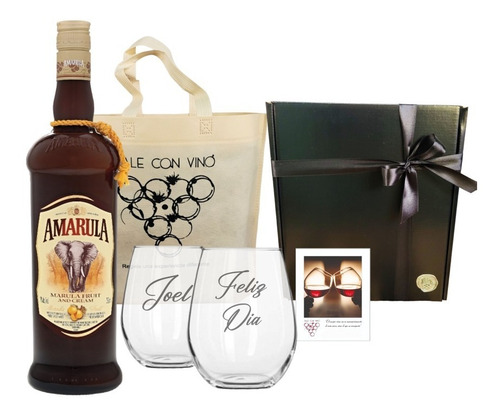  Box Licor Amarula Con 2 Vasos Vidrio Grabados Regalo Caja