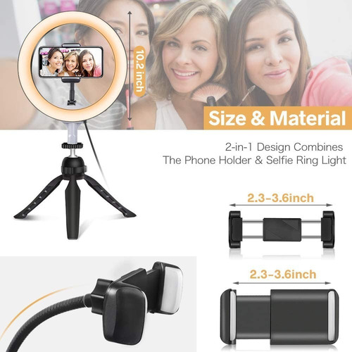 Imagen 7 de 10 de Aro De Luz Led 10 Pulgadas 26cm Trípode 8cm 20w Usb