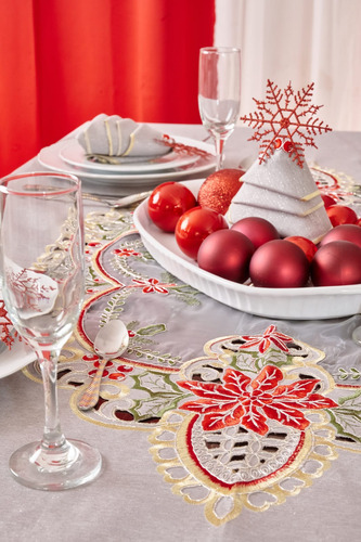 Mantel Navideño Rectangular Para 6 Sillas. Flor De Navidad