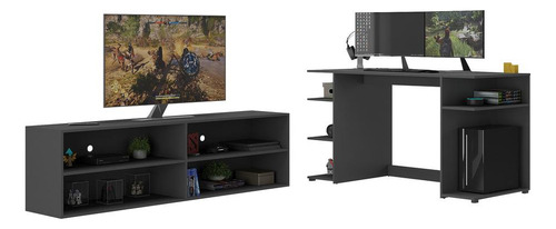 Conjunto Mesa Gamer E Rack Tv Até 75 Multimóveis Mp1052 Cor Preto