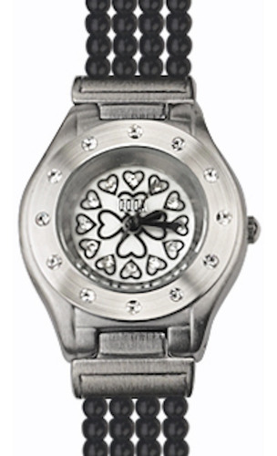 Reloj Mujer John L Cook Analogo Bijou 3491 Perlas Malla Negro Bisel Plateado Fondo Plateado