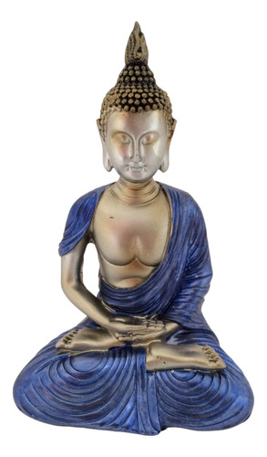 Buda Tailandês Meditando Mudra Com Manto Azul 12 Cm