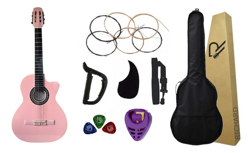 Guitarra Acústica Curva Richard Paquete Vital De Accesorios Color Rosa Orientación De La Mano Derecha