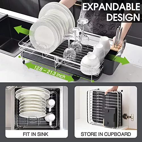 TOOLF Escurridor de platos de gran capacidad, escurridor de platos con  soporte para cubiertos, bandeja de goteo extraíble, soporte para tazas