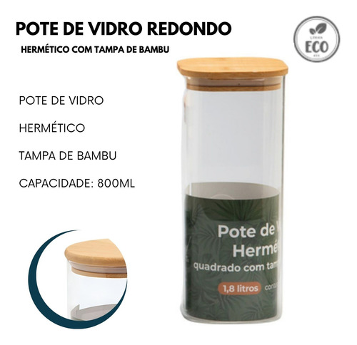 Pote De Vidro Hermético Redondo 1,8l Com Tampa De Bambu