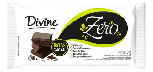 Chocolate 80% Cacau Divine Zero Açúcar, Zero Lactose E Zero