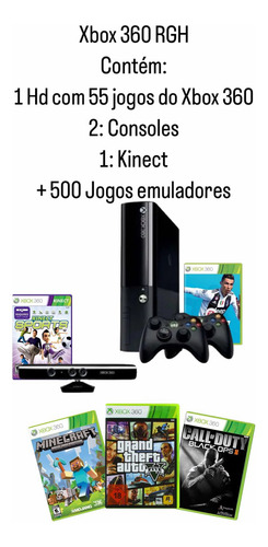 Xbox 360 Com 2 Controles 1 Kinect 500gb Com Varios Jogos (Recondicionado)