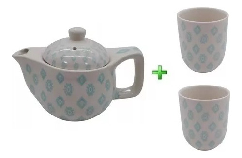 Tetera Porcelana Deco Filtro Infusor Té Hebras + 2 Cuencos