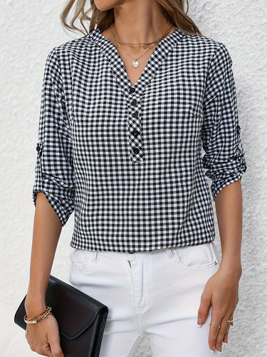Camisa De Mujer Con Estampado De Cuadros Suave Y Suelta