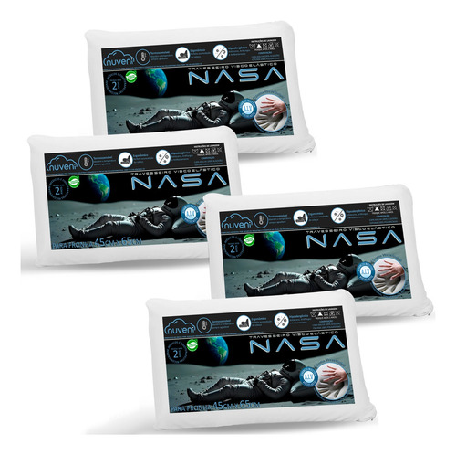 Kit 4 Travesseiro Nasa Viscoelástico Confortável Macio 10cm