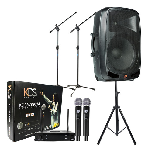 Kit Caixa De Som Amplificada Ativa + Microfone Sem Fio Tripé