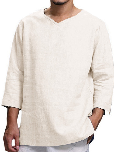 Camisa De Algodón Liso Para Hombre, Camisa Con Cuello En V