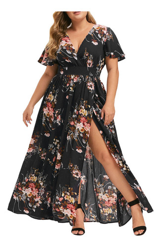 Vestido Boho Feminino De Manga Curta Com Estampa Floral Com