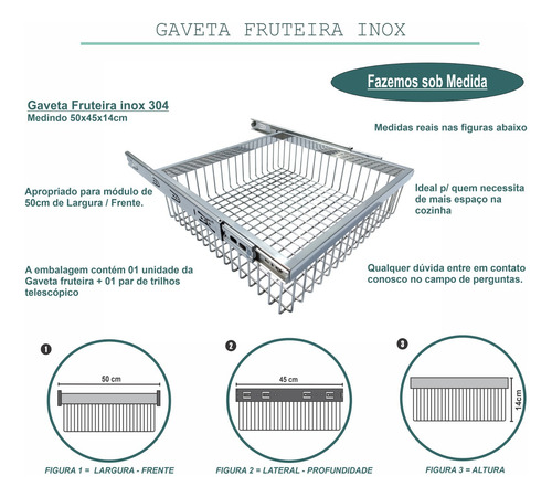 Gaveta Fruteira Cromada Inox Embutir Modulo 50cm 50x45x14cm Gaveta Fruteira Em Inox Aramada